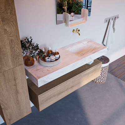 Mondiaz ALAN-DLUX Ensemble de meuble - 130cm - meuble Washed Oak mat - 1 tiroir - Lavabo Cloud Ostra suspendu - vasque Droite - 0 trous de robinet