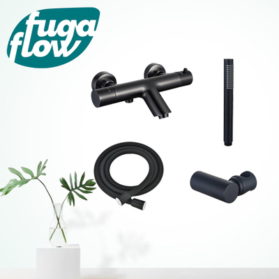 FugaFlow Eccelente Sobrado Badkamer Thermostatische badkraan met staafhanddouche, handdouchehouder en gladde doucheslang mat zwart