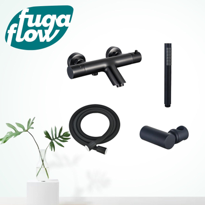 FugaFlow Eccelente Sobrado Robinet de baignoire thermostatique avec douchette stick, support et flexible lisse Noir mat