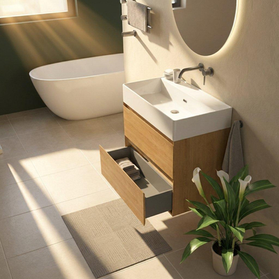 Saniclass Holz Pure Ensemble de meuble de salle de bains - 80x45x72cm - lavabo Legend en céramique blanc - 1 vasque - sans trou de robinetterie - 2 tiroirs - chêne natural mat (bois)