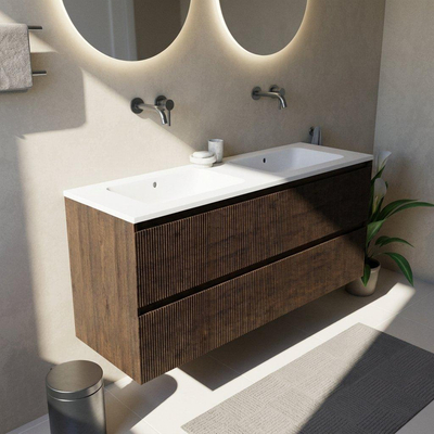 Saniclass Holz Atelier Ensemble de meuble de salle de bains - 140x45x77.5cm - vasque Torino en solid surface blanc - sans trou de robinetterie - 4 tiroirs - chêne charcoal mat (bois)