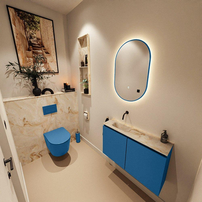 MONDIAZ TURE-DLUX Meuble WC 80 cm Jeans. Lavabo EDEN Frappe position gauche. Sans trou de robinet.