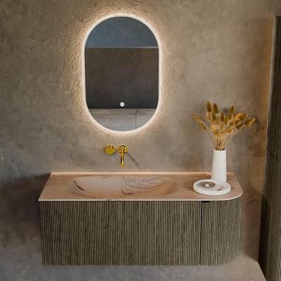 MONDIAZ KURVE-DLUX Meuble de salle de bains 115 cm arrondi à droite couleur Shadow avec 1 tiroir et 1 porte. Lavabo BIG SMALL à gauche sans trou de robinet Arena.