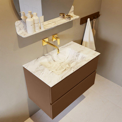 MONDIAZ VICA-DLUX Ensemble meuble de salle de bains - 80cm - meuble bas Rust - 2 tiroirs - lavabo encastré cloud central - sans trous de robinet - version haute 60cm - Glace