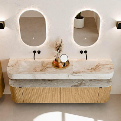 MONDIAZ THOR-DLUX Meuble de salle de bains - 190cm - arrondi gauche + droite - couleur Oak - 2 tiroirs et 2 portes - Lavabo suspendu CLOUD Double sans trou de robinet - couleur Frappe