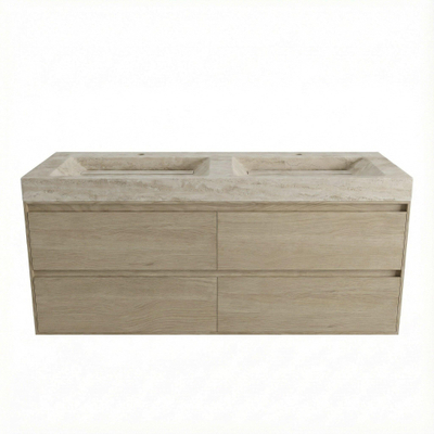 Forzalaqua Ibiza Badkamermeubelset - 140x50x70cm - 4 lades - travertin wastafel - 2 kraangaten - steunenset - afvoerplug - smoke