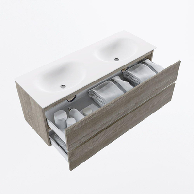 Mondiaz VICA ensemble de meuble de salle de bain - 130cm - meuble sous-vasque marron clair gris - 2 tiroirs - lavabo lune double - 2 trous de robinet - version haute de 60cm - talc