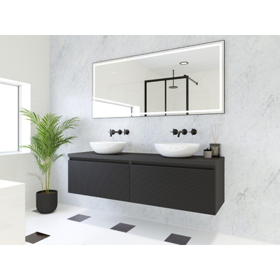 HR badmeubelen Matrix 3D badkamermeubelset 160cm 2 laden greeploos met greeplijst in kleur Zwart mat met bovenblad zwart mat