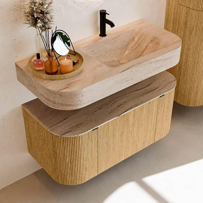 MONDIAZ THOR-DLUX 100cm badmeubel ronding links + rechts kleur Oak met 1 lade en 2 deuren. Vrijhangende wastafel CLOUD Rechts 1 kraangat kleur Saba.