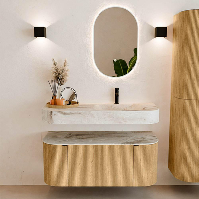 MONDIAZ THOR-DLUX 110cm badmeubel ronding links + rechts kleur Oak met 1 lade en 2 deuren. Vrijhangende wastafel CLOUD Rechts 1 kraangat kleur Frappe.