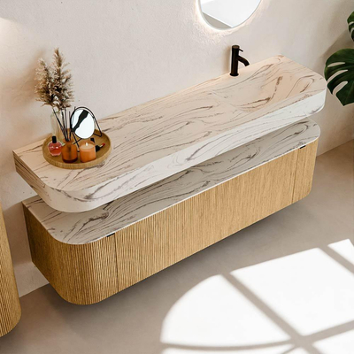 MONDIAZ THOR-DLUX 170cm badmeubel ronding links + rechts kleur Oak met 1 lade en 2 deuren. Vrijhangende wastafel CLOUD Rechts 1 kraangat kleur Nata.