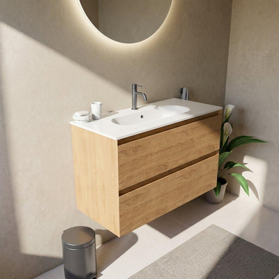 Saniclass Holz Pure Ensemble de meubles de salle de bains - 100x45x73.9cm - lavabo en céramique Chaci blanc - 1 vasque - 1 trou de robinetterie - 2 tiroirs - chêne natural mat (bois)