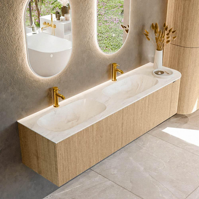 MONDIAZ KURVE-DLUX meuble de salle de bains 175cm avec module 25 R couleur chêne avec 2 tiroirs et 1 porte. Lavabo STOR SMALL double / gauche 2 trous de robinet couleur Ostra.