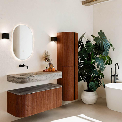 MONDIAZ THOR-DLUX 110cm meuble de salle de bains arrondi gauche + droite couleur Ruby avec 1 tiroir et 2 portes. Vasque suspendue CLOUD Gauche sans trou de robinet couleur Oza.