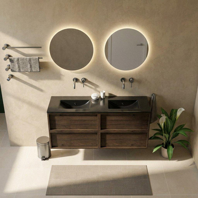 Saniclass Holz Frame Ensemble de meubles de salle de bains - 140x45x62cm - lavabo Vygo en céramique noir - 2 vasques - sans trous de robinetterie - 4 tiroirs - chêne charcoal mat (bois)