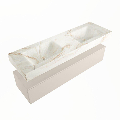 Mondiaz ALAN-DLUX Ensemble de meuble - 150cm - meuble Linen mat - 1 tiroir - Lavabo Cloud Frappe suspendu - vasque Gauche et droite - 2 trous de robinet