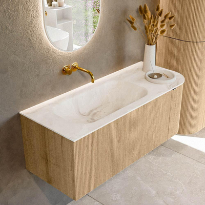 MONDIAZ KURVE-DLUX meuble de salle de bains 115 cm avec module 25 R couleur Oak avec 1 tiroir et 1 porte. Lavabo BIG SMALL gauche sans trou de robinet couleur Frappe.