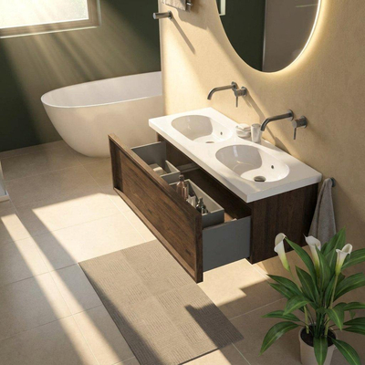 Saniclass Holz Frame Ensemble meuble de salle de bains - 120x45x43.5cm - lavabo Palermo en céramique blanc - 2 vasques - sans trous de robinetterie - 1 tiroir - chêne charcoal mat (bois)