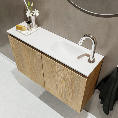 MONDIAZ TURE Kit lave-mains - 80x23x50cm - 1 trou de robinet - 2 portes - chêne blanchi mat - Lavabo à droite - Solid Surface Blanc