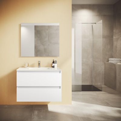 Adema Chaci Ensemble salle de bains 61x46x57cm avec 2 tiroirs sans poignée avec miroir 1 vasque en céramique 1 trou de robinet Blanc mat