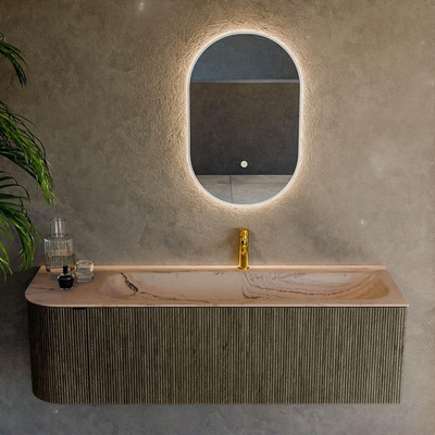 MONDIAZ KURVE-DLUX 145cm badmeubel ronding Links kleur Shadow met 1 lade en 1 deur. Wastafel BIG LARGE Rechts 1 kraangat Arena.