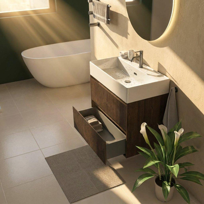Saniclass Holz Atelier Ensemble meuble de salle de bains - 80x45x72cm - lavabo Legend en céramique blanc - 1 vasque - 1 trou de robinetterie - 2 tiroirs - chêne charcoal mat (bois)