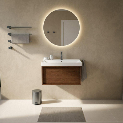 Saniclass Holz Frame Ensemble de meuble de salle de bains - 80x45x47.5cm - Vasque en céramique Wave - 1 vasque - 1 trou de robinet - 1 tiroir - walnut pure mat (bois)