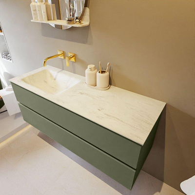 Mondiaz VICA-DLUX ensemble de meuble de salle de bain - 130cm - meuble sous-vasque armée - 2 tiroirs - lavabo encastré nuage gauche - sans trous de robinet - version haute de 60cm - opalo