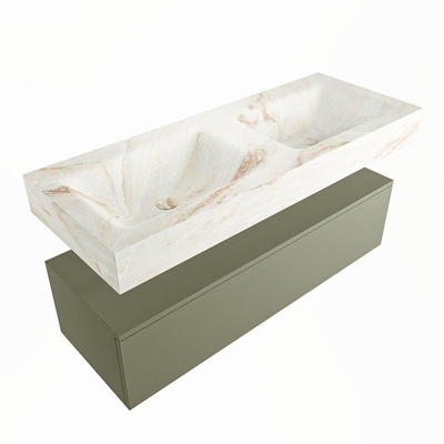 Mondiaz ALAN-DLUX Ensemble de meuble - 120cm - meuble Army mat - 1 tiroir - Lavabo Cloud Frappe suspendu - vasque Gauche et droite - 2 trous de robinet