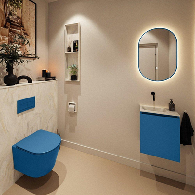 MONDIAZ TURE-DLUX Meuble de toilettes - 40cm - Jeans - EDEN - lavabo Ostra - position à gauche - Sans trou de robinet