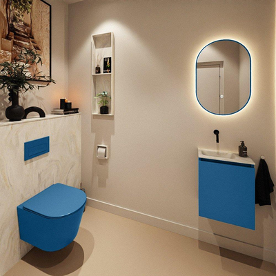 MONDIAZ TURE-DLUX Meuble toilette - 40cm - Jeans - EDEN - vasque Ostra - position gauche - sans trou de robinet