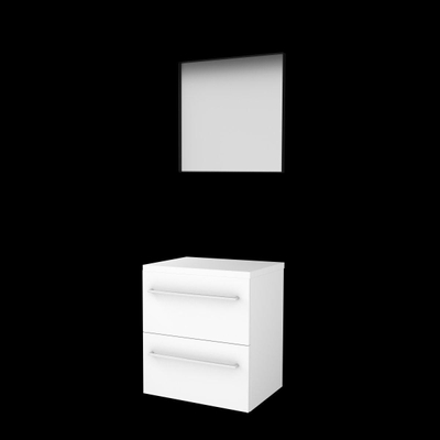 Basic-Line Framed 46 badkamermeubelset - 60x46cm - met grepen - 2 lades - wastafelblad - Spiegel - mat zwart aluminium frame - rondom - MDF lak Ice White