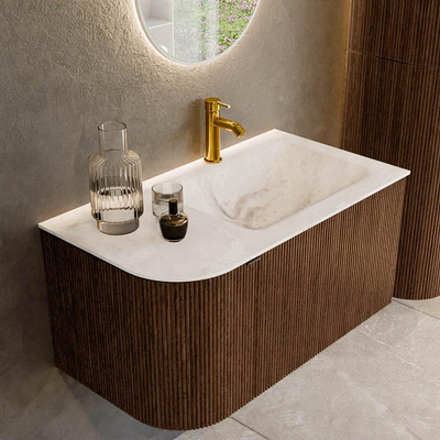 MONDIAZ KURVE-DLUX 85cm badmeubel met module 25 L kleur Walnut met 1 lade en 1 deur. Wastafel CLOUD rechts 1 kraangat kleur Frappe.