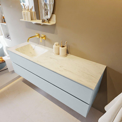 Mondiaz VICA-DLUX ensemble de meuble de salle de bain - 150cm - meuble sous-vasque argile - 2 tiroirs - lavabo encastré nuage gauche - sans trous de robinet - version haute 60cm - opalo