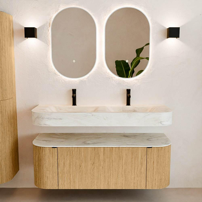 MONDIAZ THOR-DLUX 130cm badmeubel ronding links + rechts kleur Oak met 1 lade en 2 deuren. Vrijhangende wastafel CLOUD Dubbel 2 kraangaten kleur Ostra.