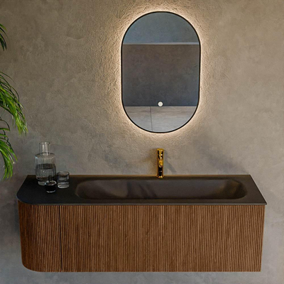 MONDIAZ KURVE 135cm Meuble salle de bain avec module 25 G - couleur Walnut - 1 tiroir - 1 porte - vasque BIG MEDIUM droite - 1 trou de robinet - Urban