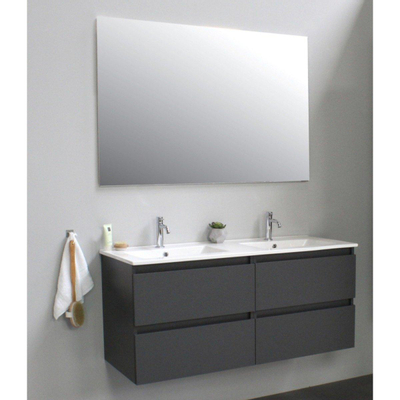 Basic Bella Badkamermeubelset - 120x55x46cm - 2 wasbakken - Keramiek - Wit - 2 kraangaten - Wandspiegel zonder verlichting - Melamine Antraciet mat
