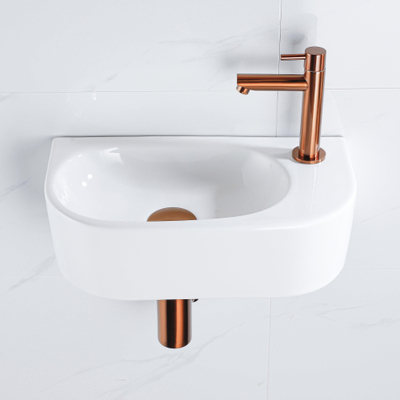 Fugaflow Efficiente Pietra Ensemble de fontaine - 40x21,5x12cm - droite - lisse - demi-rond - 1 trou de robinet - céramique - robinet de fontaine cuivre brossé - bouchon de vidange - siphon abaissé - blanc brillant