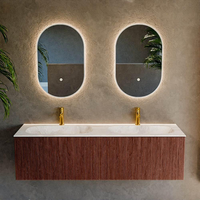 Mondiaz KURVE-DLUX Ensemble de meuble salle de bain - 150x46x40cm - 2 tiroirs - lavabo en solid surface - double - 2 trous de robinet - Ruby