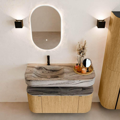 MONDIAZ THOR-DLUX Meuble de salle de bains 110cm arrondi gauche + droite couleur Chêne avec 1 tiroir et 2 portes. Vasque suspendue CLOUD Gauche 1 trou de robinet couleur Sombra.