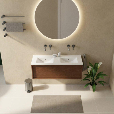 Saniclass Holz Frame Ensemble meuble de salle de bains - 120x45x42cm - Lavabo Vygo en céramique blanc - 2 vasques - sans trous de robinetterie - 1 tiroir - walnut pure mat (bois)