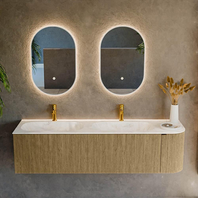 Mondiaz KURVE-DLUX Ensemble de meuble de salle de bains - 165x46x40cm - 2 tiroirs - 1 porte - lavabo solid surface - double / gauche - 2 trous de robinet - Dusk