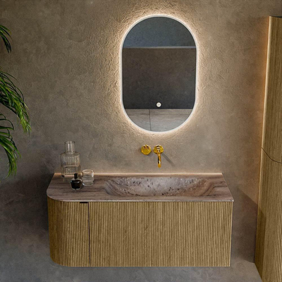 MONDIAZ KURVE-DLUX Meuble de salle de bains 105cm arrondi à gauche couleur Dusk avec 1 tiroir et 1 porte. Lavabo BIG SMALL à droite sans trou de robinet Oza.