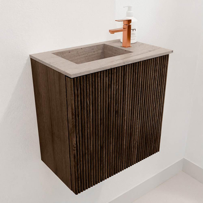 Mondiaz JOYA-DLUX 40cm toiletmeubel - kleur Walnut - Wastafel FAYE positie Links 1 kraangat kleur Saba.
