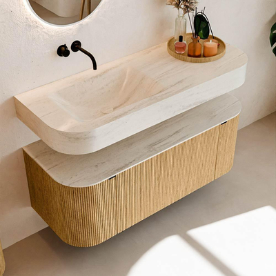 MONDIAZ THOR-DLUX 120cm badmeubel ronding links + rechts kleur Oak met 1 lade en 2 deuren. Vrijhangende wastafel CLOUD Links zonder kraangat kleur Meli.
