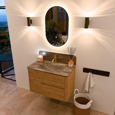 Mondiaz CIRO-DLUX Badkamermeubelset - 80x45x50cm - Solid surface wastafel Oza - 1 wasbak Midden - 1 kraangat - 2 lades - Oak