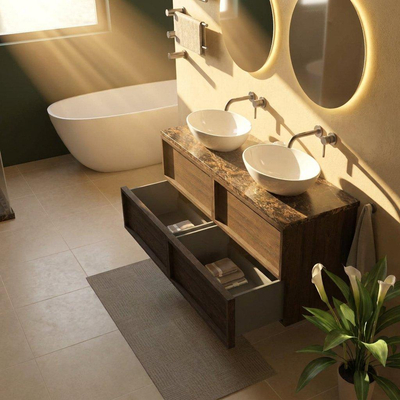 Saniclass Holz Frame Ensemble meuble de salle de bains - 140x45x63cm - Plan en pierre naturelle Noche dark emperador - sans trou de robinet - 4 tiroirs - chêne charcoal mat (bois)