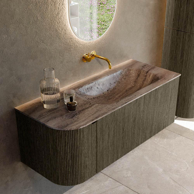 MONDIAZ KURVE-DLUX Meuble de salle de bains 115cm arrondi à gauche couleur Shadow avec 1 tiroir et 1 porte. Lavabo BIG SMALL à droite sans trou de robinet Oza.