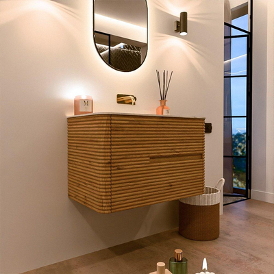 Mondiaz CIRO-DLUX Badkamermeubelset - 80x45x50cm - Solid surface wastafel Ostra - 1 wasbak Midden - zonder kraangaten - 2 lades - Oak