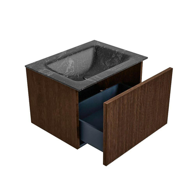 MONDIAZ KURVE-DLUX 60cm badmeubel kleur Walnut met 1 lade. Wastafel CLOUD midden 1 kraangat kleur Lava.